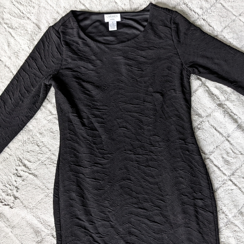 Carmen Marc Valvo Black Bodycon fitted midi dress long sleeve medium